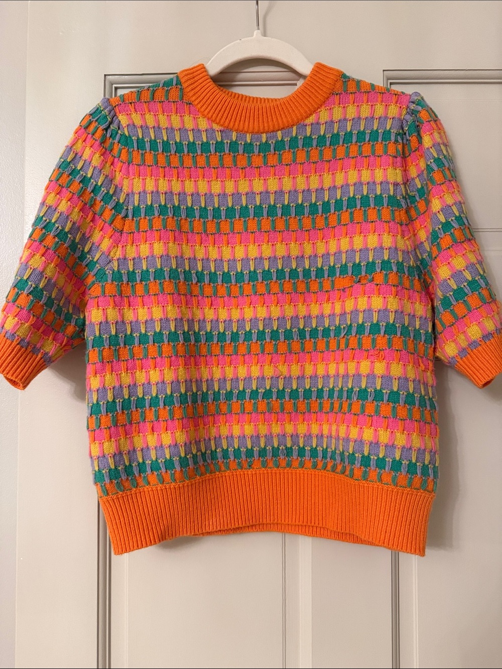 THML Multicolor Short-Sleeve Knit Sweater with Orange Trim